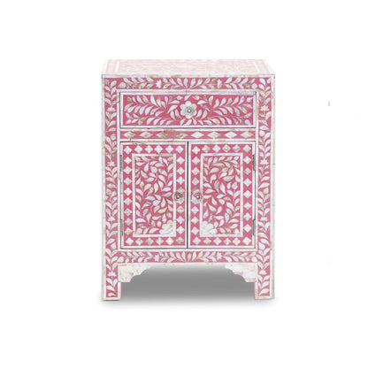 HANDMADE FLORAL PATTERN PINK BONE INLAY FLORAL PATTERN BEDSIDE TABLE