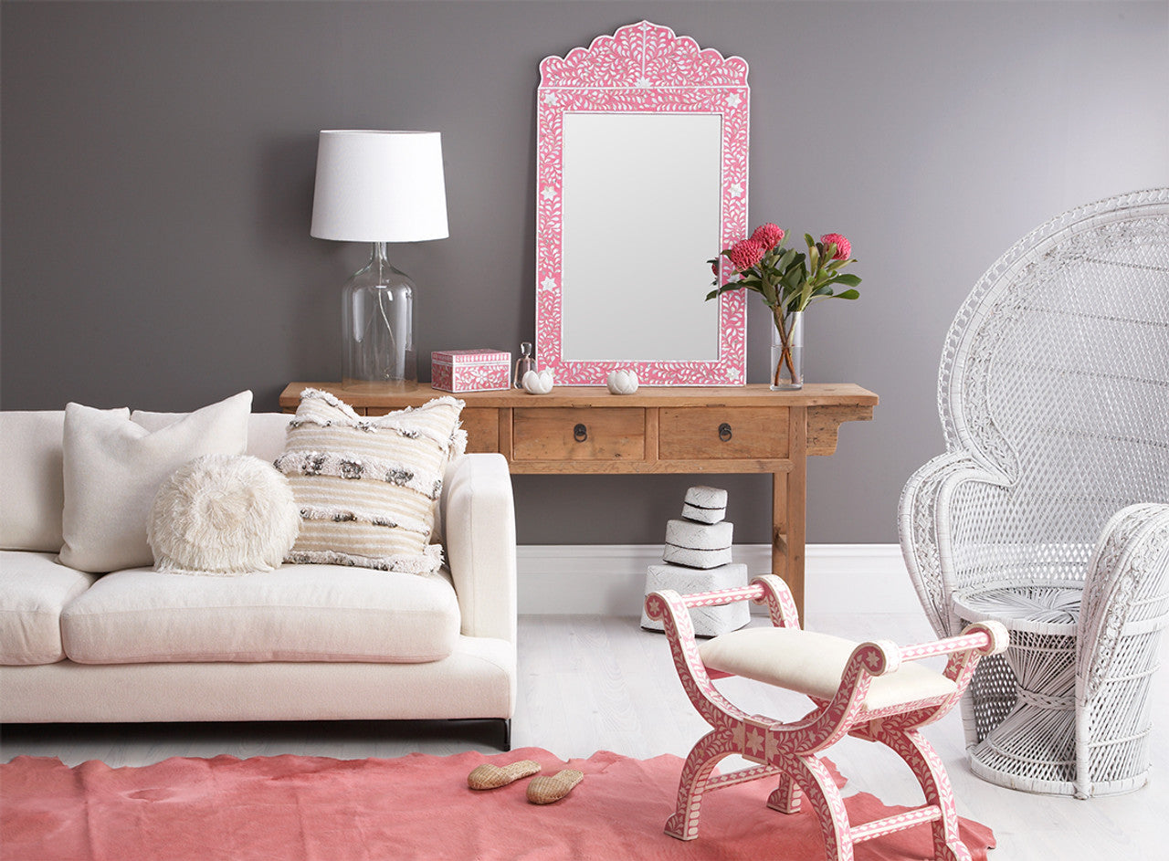 Handmade Bone Inlay Scalloped Pink Floral Pattern Mirror Frame for Home Decor with Complimentary Mirror