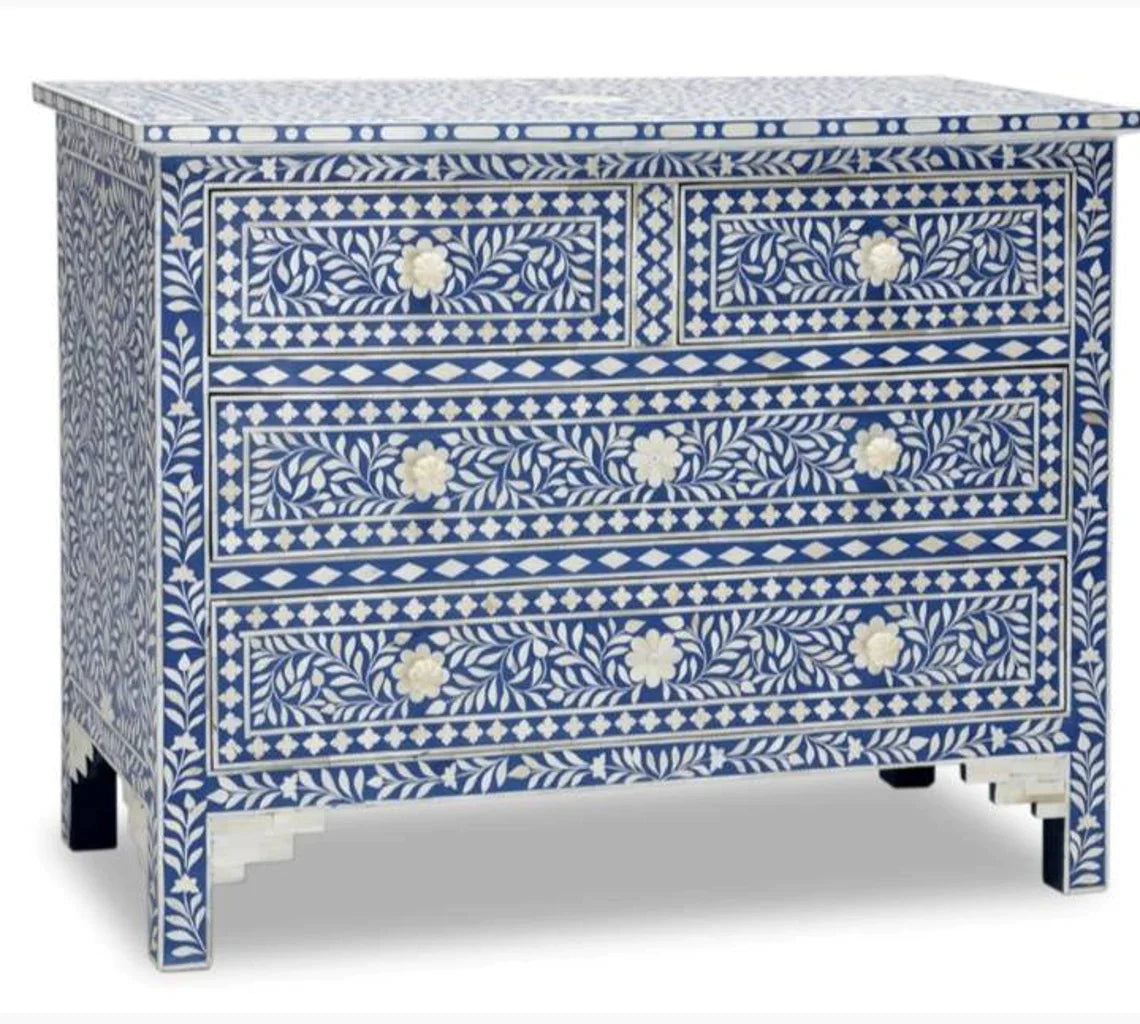 Bone Inlay Chest of 4 drawers, Floral Pattern In Blue