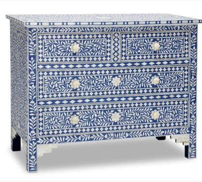 Bone Inlay Chest of 4 drawers, Floral Pattern In Blue