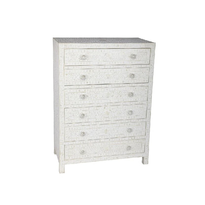 Bone Inlay Chest Of 6 Drawers, Floral Pattern In White