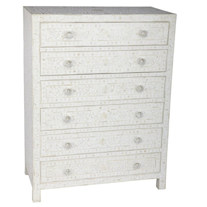 Bone Inlay Chest Of 6 Drawers, Floral Pattern In White