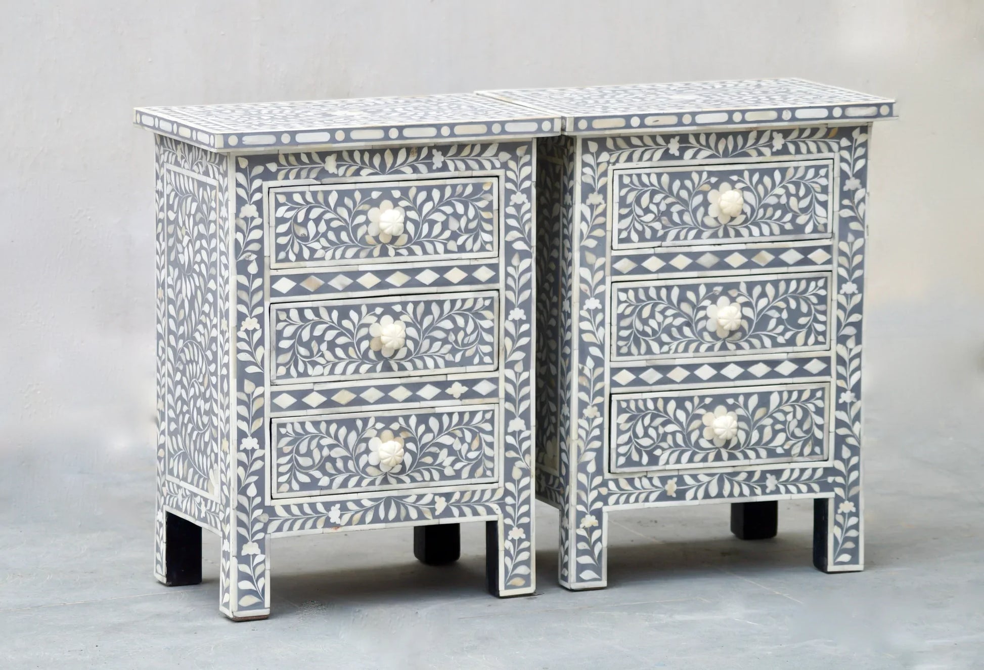 Grey Floral Pattern Nightstand