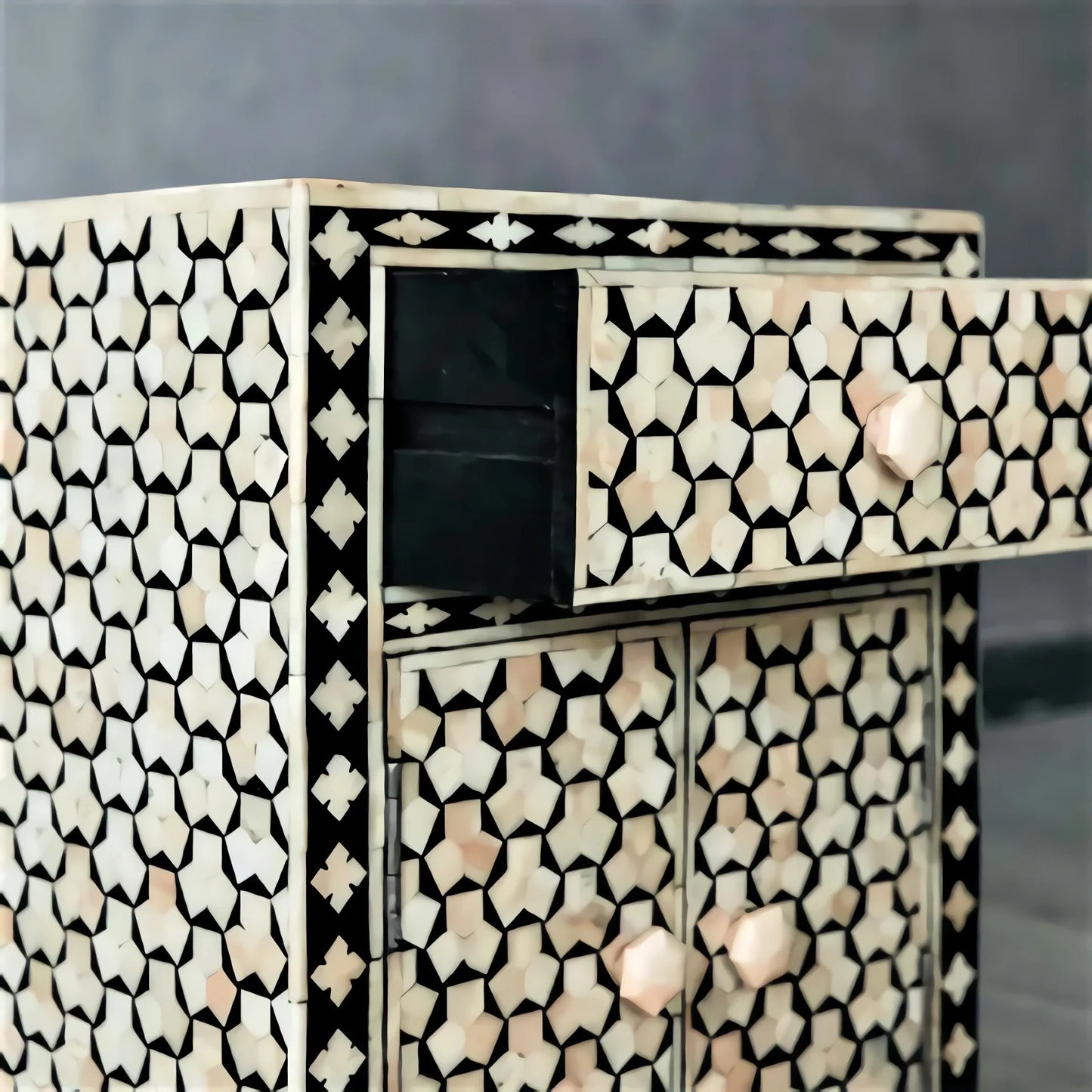 Handmade Bone Inlay Taruga Pattern Black Nightstand