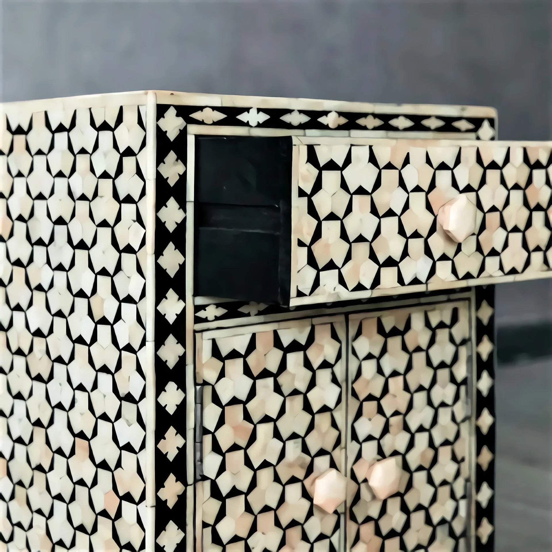 Handmade Bone Inlay Taruga Pattern Black Nightstand