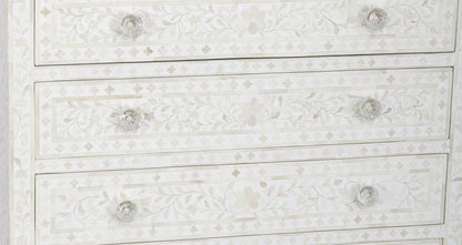 Bone Inlay Chest Of 6 Drawers, Floral Pattern In White