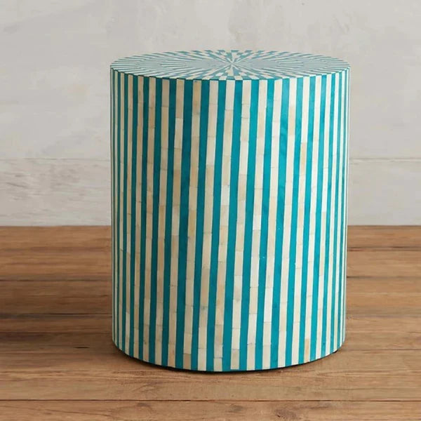 HANDMADE TURQUOISE BLUE BONE INLAY ROUND STOOL IN STRIPE PATTERN