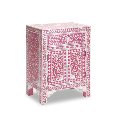 HANDMADE FLORAL PATTERN PINK BONE INLAY FLORAL PATTERN BEDSIDE TABLE