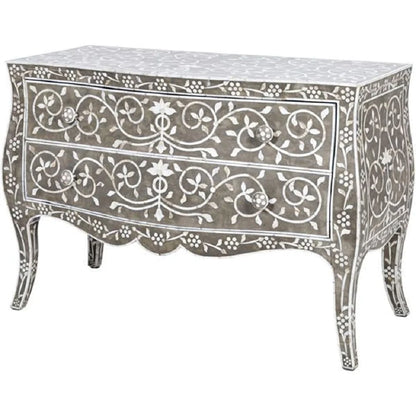 Bone Inlay Chest Of 2 Drawers, Floral Pattern In Black