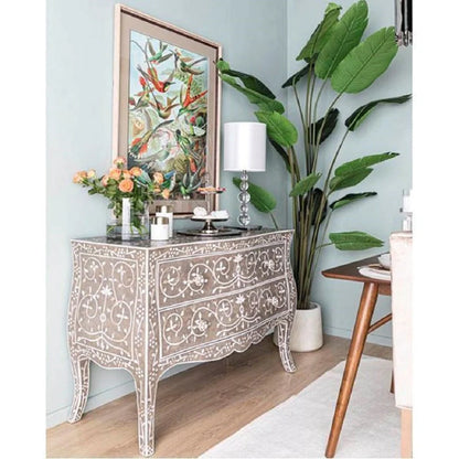Bone Inlay Chest Of 2 Drawers, Floral Pattern In Black