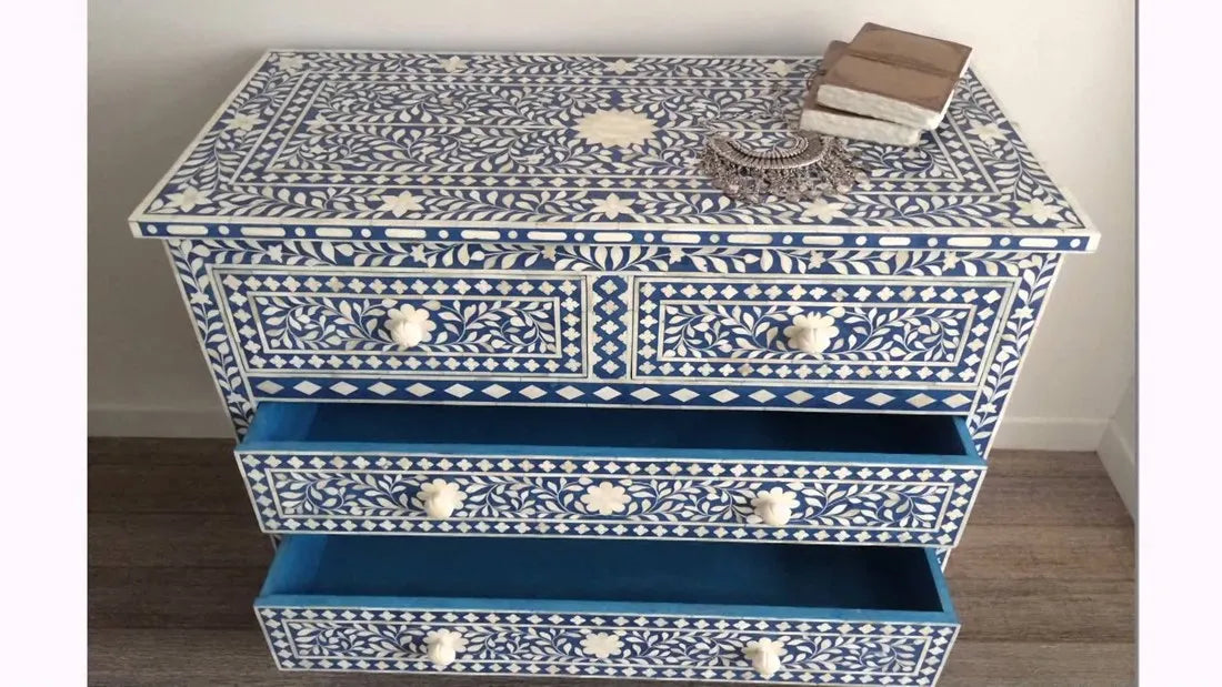 Bone Inlay Chest of 4 drawers, Floral Pattern In Blue