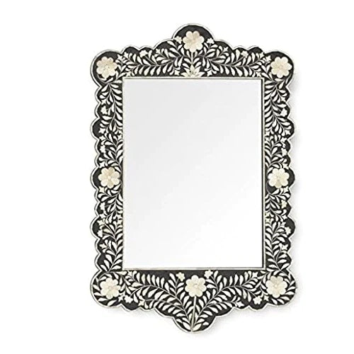 Bone Inlay Scalloped Black Mirror Frame with Complimentary Mirror