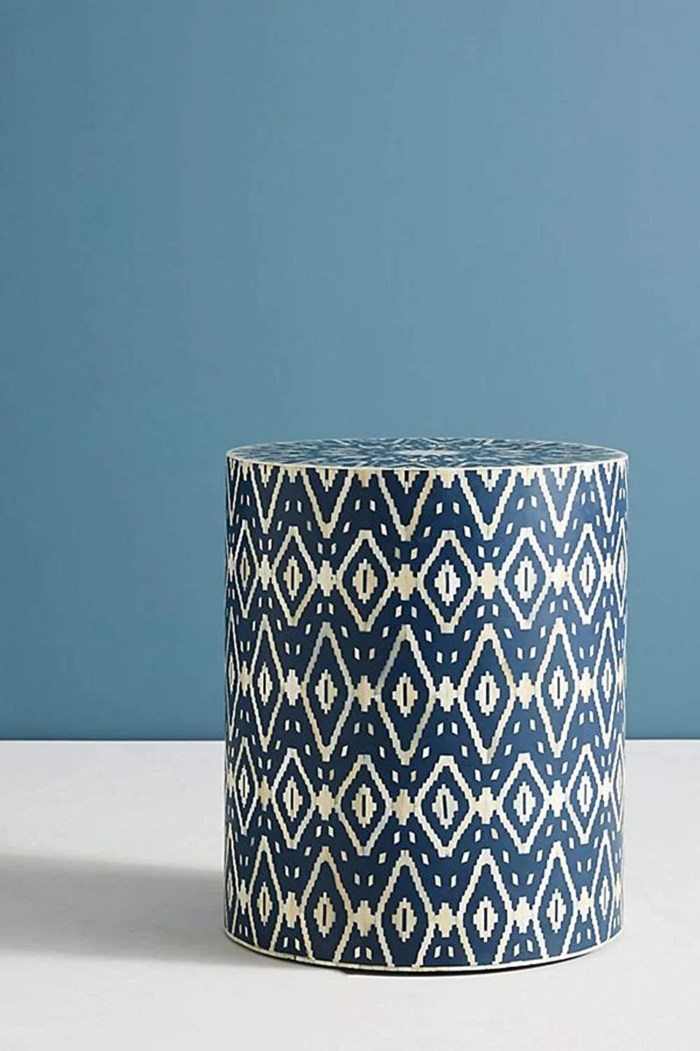 HANDMADE BLUE BONE INLAY ROUND STOOL IN GEOMETRICAL IKKAT PATTERN