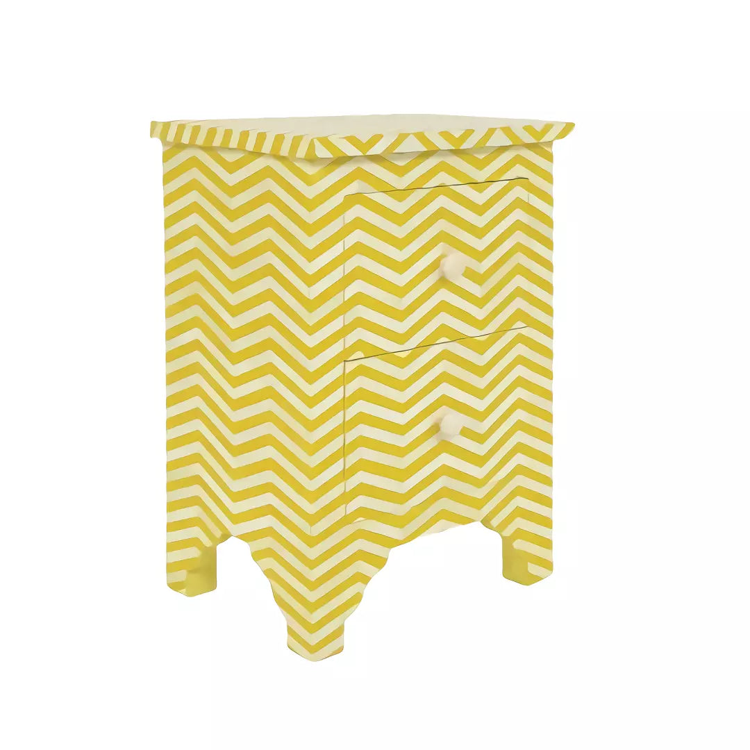 Bone Inlay Yellow Chevron Pattern Nightstand for Home Decor