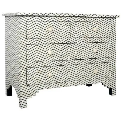 Black Bone Inlay Chest of Drawers – 4-Drawer Handmade Dresser | Chevron Pattern Storage Cabinet