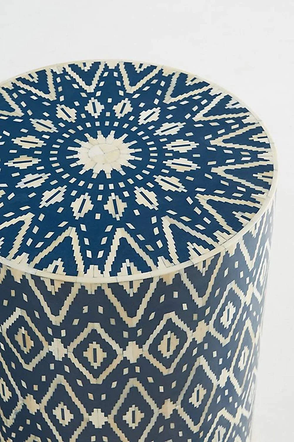 HANDMADE BLUE BONE INLAY ROUND STOOL IN GEOMETRICAL IKKAT PATTERN