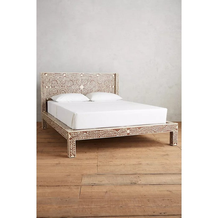 Handmade Bone Inlay King and Queen Size  Bed Frame with Bed Head for Bedroom Decor