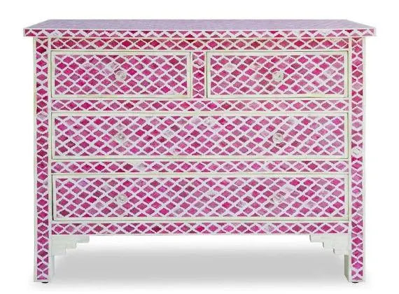 Bone Inlay Chest Of 4 Drawers , Eye Pattern In Pink – Bone Inlay Arts