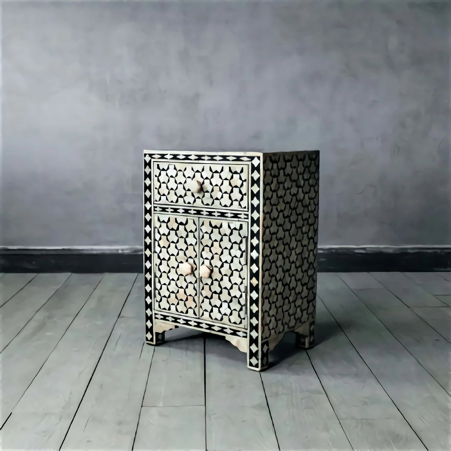 Black Nightstand in Bone Inlay Taruga Pattern