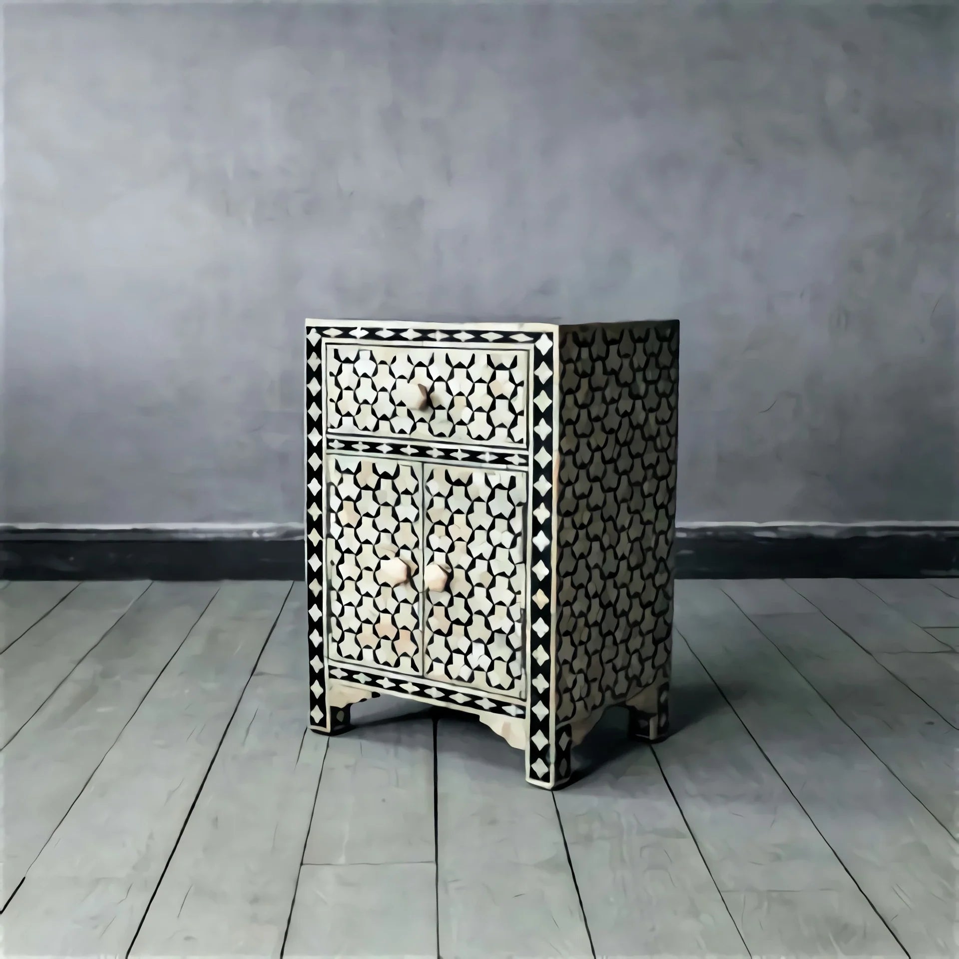Black Nightstand in Bone Inlay Taruga Pattern