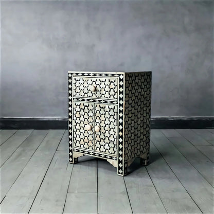Black Nightstand in Bone Inlay Taruga Pattern