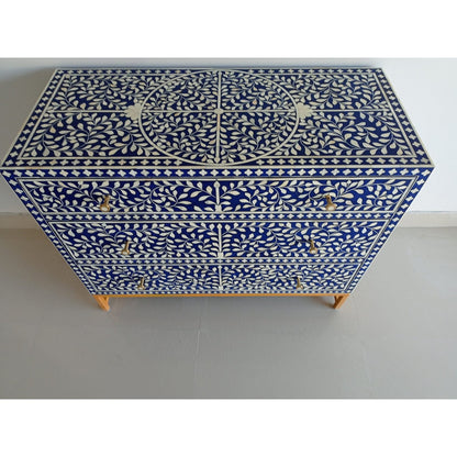 Bone Inlay Chest Of 3 Drawers , Floral Pattern in Indigo