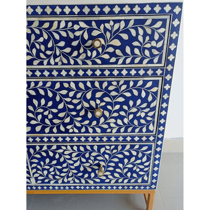Bone Inlay Chest Of 3 Drawers , Floral Pattern in Indigo