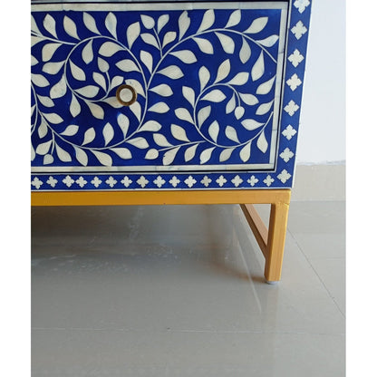 Bone Inlay Chest Of 3 Drawers , Floral Pattern in Indigo