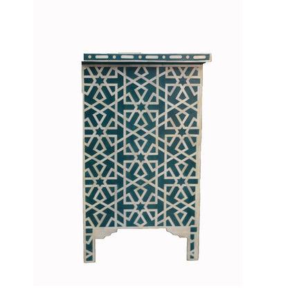 Bone Inlay Chest Of 4 Drawers , Geometric Pattern In Indigo