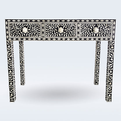 Handmade Customized Bone Inlay Floral Pattern 3 Drawer Console Table