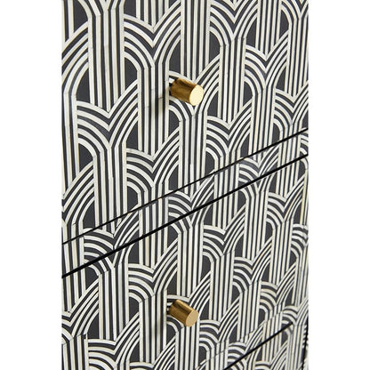 Bone Inlay Chest Of 2 Doors And 3 Drawers, Geometric Pattern In Black
