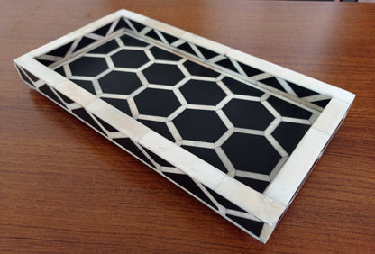 Bone Inlay Honeycomb Serving Tray | Black & White Geometric Decorative Tray