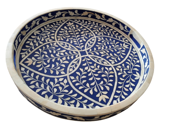 Handmade Customized Bone Inlay Round Serving Tray