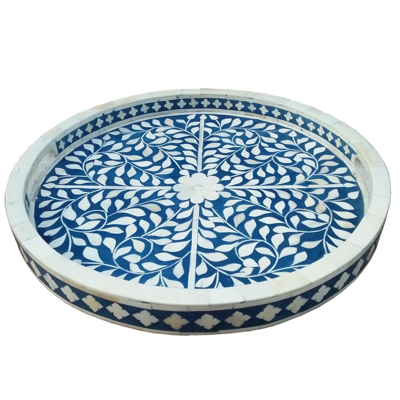 Handmade Customized Bone Inlay Round Decorative Serving Tray for Home & Office