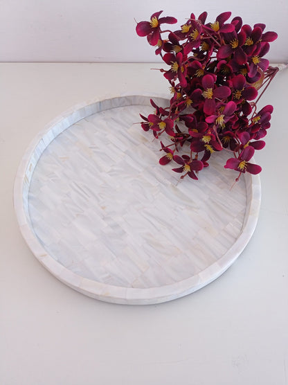 Luxury White Mother of Pearl Round Tray with Handmade Mosaic Inlay