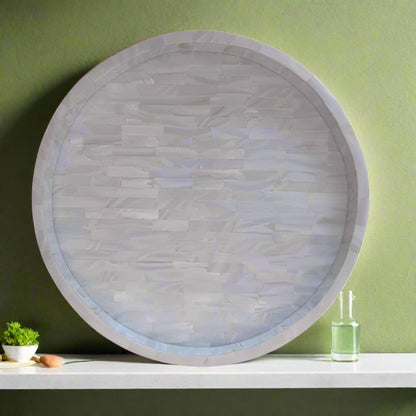 Luxury White Mother of Pearl Round Tray with Handmade Mosaic Inlay
