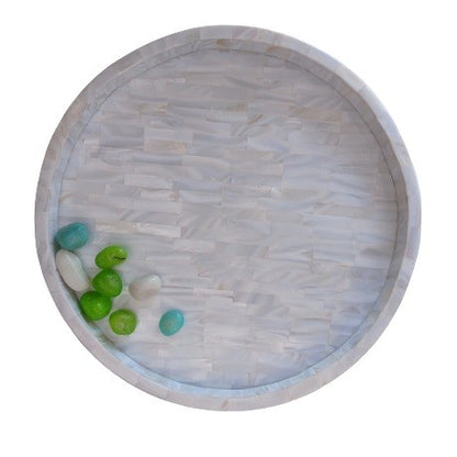 Luxury White Mother of Pearl Round Tray with Handmade Mosaic Inlay