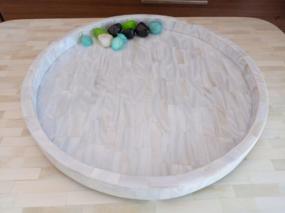 Luxury White Mother of Pearl Round Tray with Handmade Mosaic Inlay