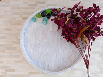 Luxury White Mother of Pearl Round Tray with Handmade Mosaic Inlay