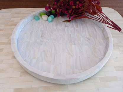 Luxury White Mother of Pearl Round Tray with Handmade Mosaic Inlay