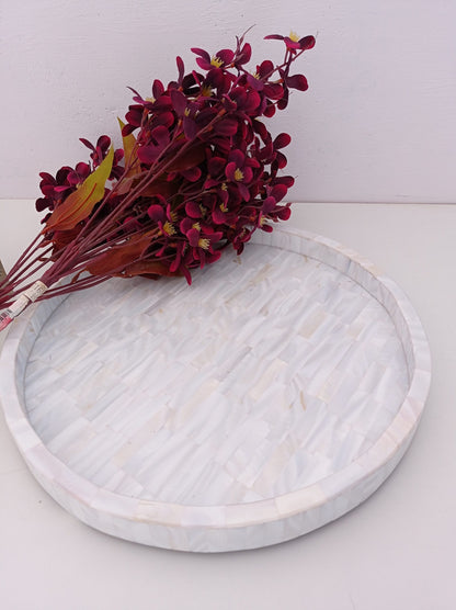 Luxury White Mother of Pearl Round Tray with Handmade Mosaic Inlay