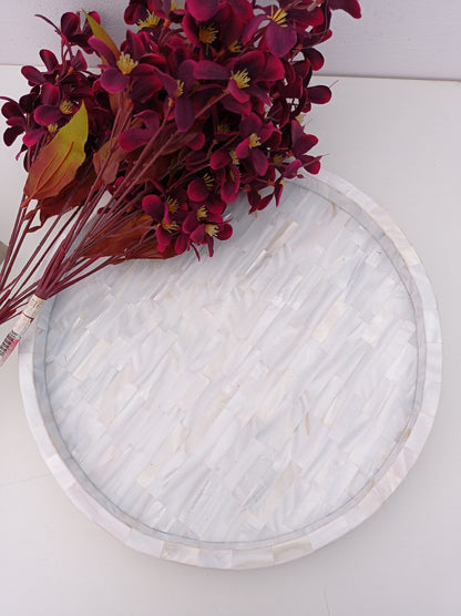 Luxury White Mother of Pearl Round Tray with Handmade Mosaic Inlay