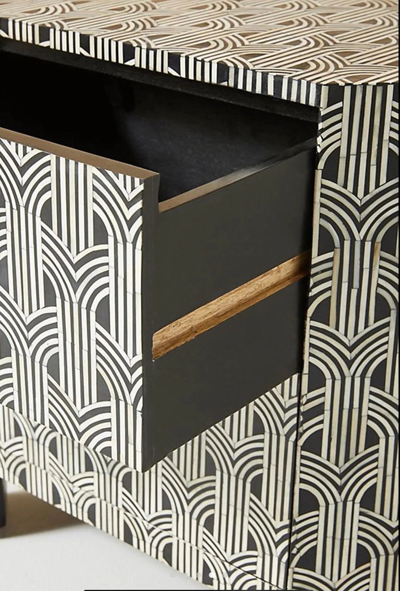 Handcrafted Bone Inlay Black Geometric Pattern Nightstand