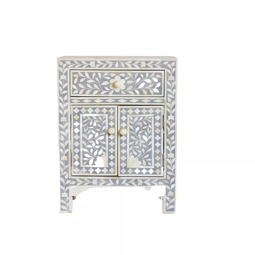 Handmade Bone Inlay Grey Floral Pattern Nightstand