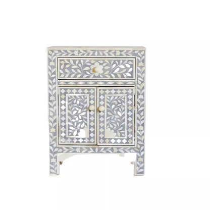 Handmade Bone Inlay Grey Floral Pattern Nightstand