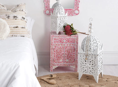 HANDMADE FLORAL PATTERN PINK BONE INLAY FLORAL PATTERN BEDSIDE TABLE