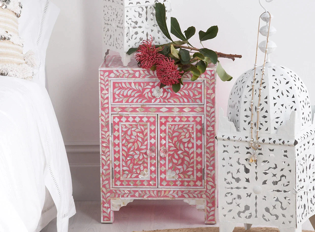 Handmade Pink Mother of Pearl handmade vintage bedside table for living room