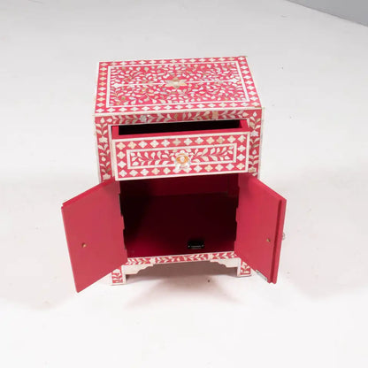 HANDMADE FLORAL PATTERN PINK BONE INLAY FLORAL PATTERN BEDSIDE TABLE