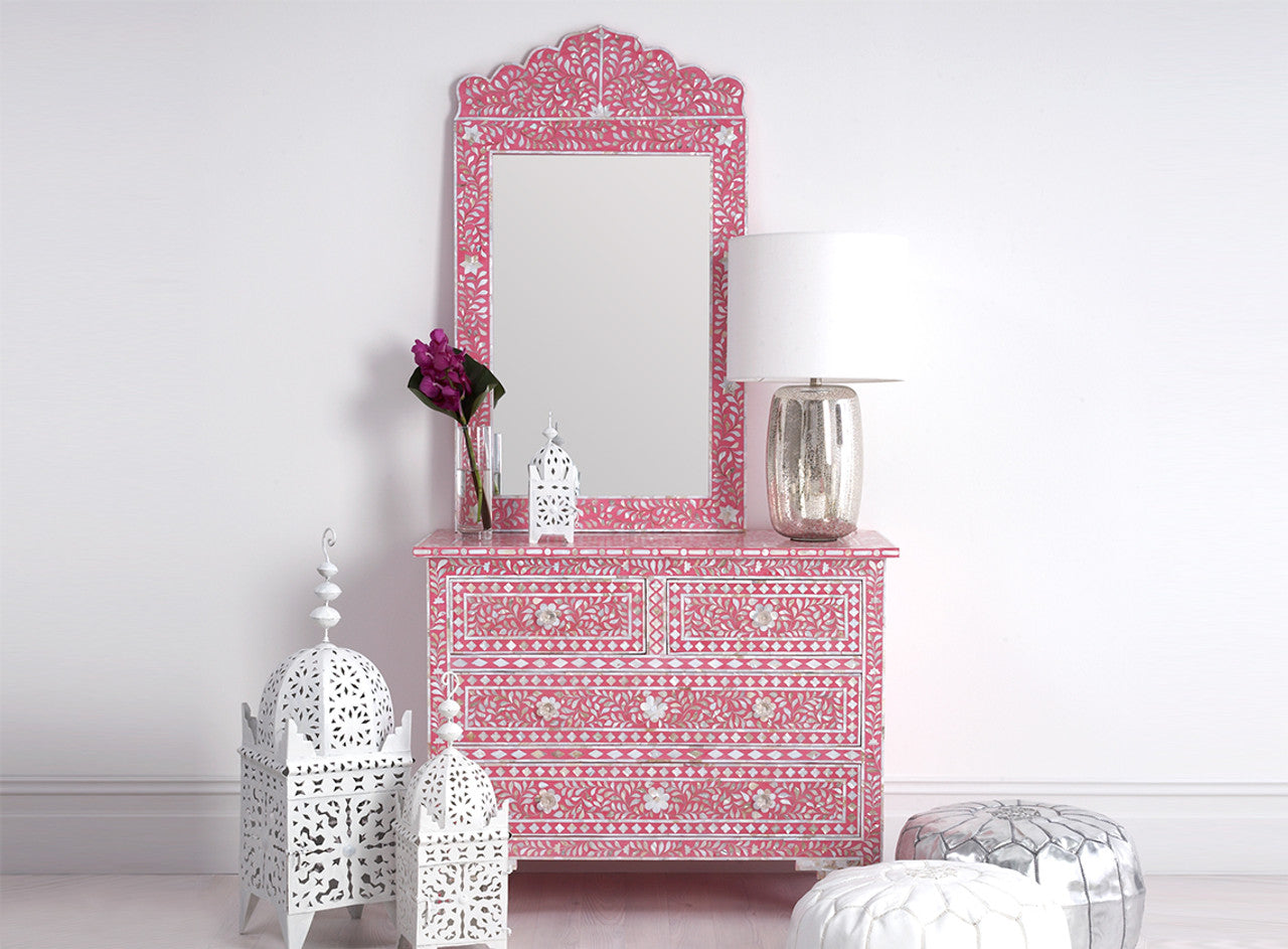 Handmade Bone Inlay Scalloped Pink Floral Pattern Mirror Frame for Home Decor with Complimentary Mirror