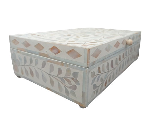Beautiful Mother of Pearl Floral Pattern Jewelry Box - White